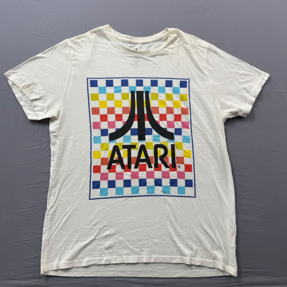 Atari‎ Graphic T-Shirt Mens Large White Checkerboard Logo Retro Gaming Difuzed